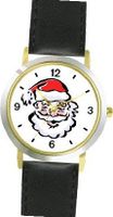 Santa Claus Face Christmas Theme - WATCHBUDDY® DELUXE TWO-TONE THEME WATCH - Arabic Numbers - Black Leather Strap-Size-Large ( Size or Jumbo Size )