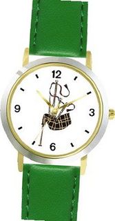 Scottish Bagpipes or Bag Pipes - Musical Instrument - Music Theme - WATCHBUDDY® DELUXE TWO-TONE THEME WATCH - Arabic Numbers - Green Leather Strap-Size-Large ( Size or Jumbo Size )