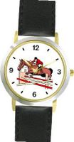 Steeplechase Horse and Rider Taking Jump Horse - WATCHBUDDY® DELUXE TWO-TONE THEME WATCH - Arabic Numbers - Black Leather Strap-Children's Size-Small ( Boy's Size & Girl's Size )