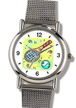 Tennis Racket and Ball Tennis Theme - WATCHBUDDY® ELITE Chrome-Plated Metal Alloy with Metal Mesh Strap-Size-Small ( Standard Size )