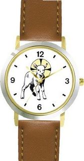 The Lamb with Halo Christian Theme - WATCHBUDDY® DELUXE TWO-TONE THEME WATCH - Arabic Numbers - Brown Leather Strap- Size-Small
