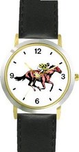 Thoroughbred Racehorse and Jockey Horse - WATCHBUDDY® DELUXE TWO-TONE THEME WATCH - Arabic Numbers - Black Leather Strap-Size-Large ( Size or Jumbo Size )