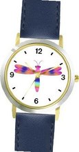 uWatchBuddy Multicolored No.2 Dragonfly or Dragon Fly - JP - WATCHBUDDY® DELUXE TWO-TONE THEME WATCH - Arabic Numbers - Blue Leather Strap-Size- Size-Small 