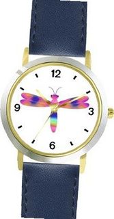 uWatchBuddy Multicolored No.2 Dragonfly or Dragon Fly - JP - WATCHBUDDY® DELUXE TWO-TONE THEME WATCH - Arabic Numbers - Blue Leather Strap-Size- Size-Small 