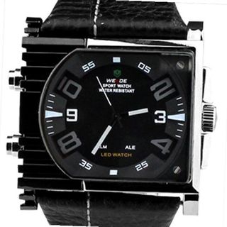 Weide Black Dial Grey Letters Digital Quartz Leather Band Wrist