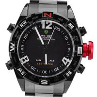 Weide Fashion Black Dual Core Time Display Dial LCD Quartz Alarm Black Steel Strap Wrist WH-2313-BW