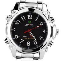 Weide Fashion Black Dual Time Display Dial LCD Quartz 24 Hours Chrome Steel Band Wrist WH-2302-B