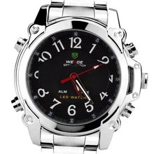 Weide Fashion Black Dual Time Display Dial LCD Quartz 24 Hours Chrome Steel Band Wrist WH-2302-B