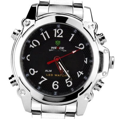 Weide Fashion Black Dual Time Display Dial LCD Quartz 24 Hours Chrome Steel Band Wrist WH-2302-B