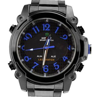 Weide Fashion Blue Letters Dual Time Display Dial LCD Quartz 24 Hours Black Steel Wrist WH-2302-BB