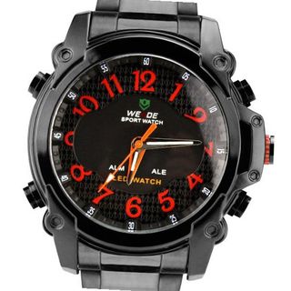 Weide Fashion Orange Words Dual Time Display Dial LCD Quartz 24 Hours Black Stainless Steel Wrist WH2302-BO