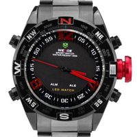 Weide Fashion Red Letters Dual Core Time Display Dial LCD Quartz Alarm Steel Wrist WH-2310-BR