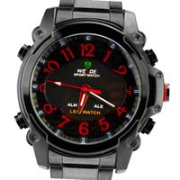 Weide Fashion Red Words Dual Time Display Dial LCD Quartz 24 Hours Black Steel Band Wrist WH-2302-BR