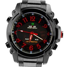 Weide Fashion Red Words Dual Time Display Dial LCD Quartz 24 Hours Black Steel Band Wrist WH-2302-BR