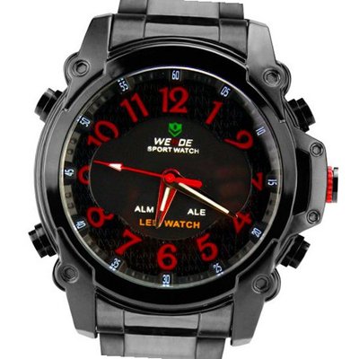 Weide Fashion Red Words Dual Time Display Dial LCD Quartz 24 Hours Black Steel Band Wrist WH-2302-BR