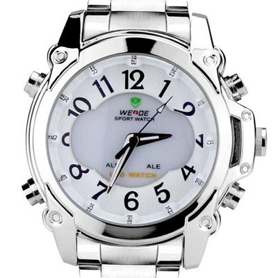 Weide Fashion White Dual Time Display Dial LCD Quartz 24 Hours Chrome Steel Band Wrist WH-2302W
