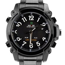 Weide Fashion White Numbers Dual Time Display Dial LCD Quartz 24 Hours Black Stainless Steel Wrist WH-2302-BW