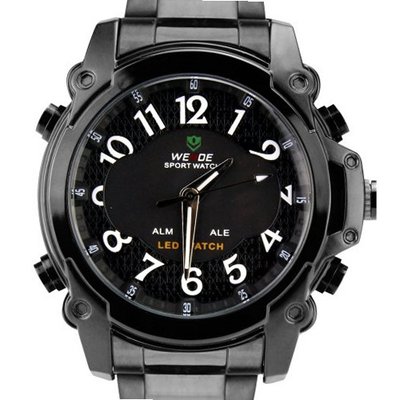 Weide Fashion White Numbers Dual Time Display Dial LCD Quartz 24 Hours Black Stainless Steel Wrist WH-2302-BW