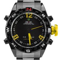 Weide Fashion Yellow Theme Dual Core Time Display Dial LCD Quartz Alarm Black Steel Strap Wrist WH-2312-BY