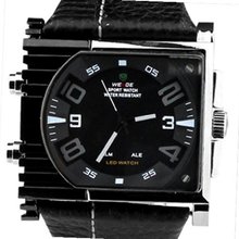 Weide Grey Letters Dual Time Display Dial Leather Strap Rectangular Wrist WH2301BG