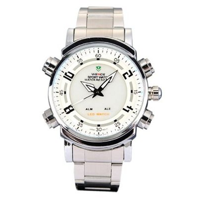 Weide Large LED White Dial Stainless Steel Dual Mode WH903-BU