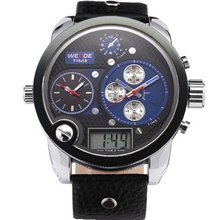 Weide Oversize 3 Time Zones Black Blue Dial Leather Sport Sba Quartz WE130