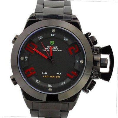 Weide Red Hands Black Dial Dual Display Black Stainless Steel LED es