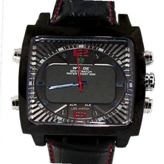 Weide Red Hands Black Dial Dual Time Display LED Quartz Leather Strap Rectangular Wrist WH2308-BR