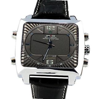 Weide Silver Case Black Dial Dual Time Display Digital Quartz Leather Strap Rectangular Wrist WH2308-BBL