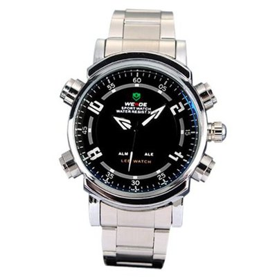 Weide Silver Large LED Black Dial Stainless Steel Dual Mode WH1101-WB