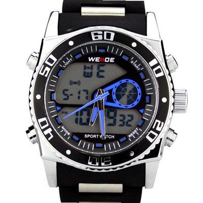 Weide Sports Blue Hands Digital Quartz Alarm 24 Hours Black Rubber Strap Wrist WH-2316B