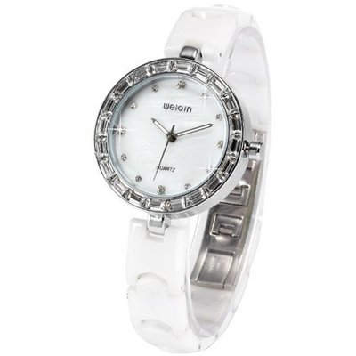 WEIQIN Bling Crystal Lady  Bracelet White Ceramic Band Quartz Wrist WQI080