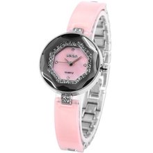 WEIQIN Charm Crystal Bezel Lady Pink Bracelet Slim Band Analog Dress Quartz WQI042