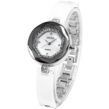 WEIQIN Charm Crystal Bezel Lady White Bracelet Slim Band Analog Dress Quartz WQI041