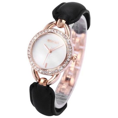WEIQIN Crystal Mother of Pearl Dial Lady Black Bracelet Fabulous Quartz WQI049