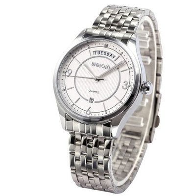 WEIQIN Fashion White Dial Date Day Analog Steel Band Quartz Wrist WQI063