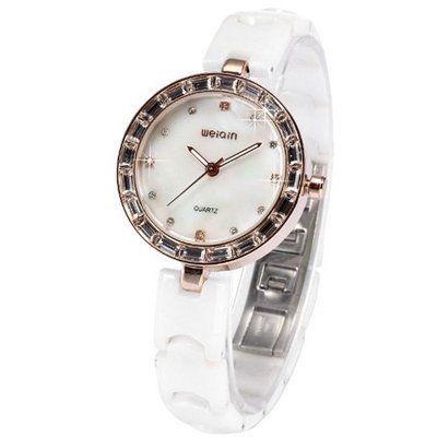WEIQIN Lady  Crystal Rose Gold Case White Ceramic Band Quartz Wrist WQI081