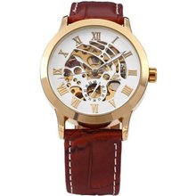 AMPM24 Automatic Mechanical Brown Strap Hollow White Dial Skeleton Wrist PMW076