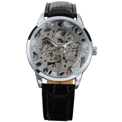 AMPM24 Mechanical Analog Skeleton Silver White Sport Leather Wrist Gift PMW031