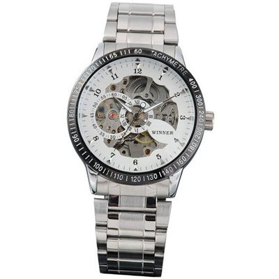 AMPM24 Mechanical Analog Skeleton White Dial Sport Leather Wrist PMW033