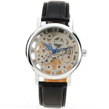 AMPM24 New Analogue Black Leather Hand Winding Mechanical Skeleton Wrist PMW003