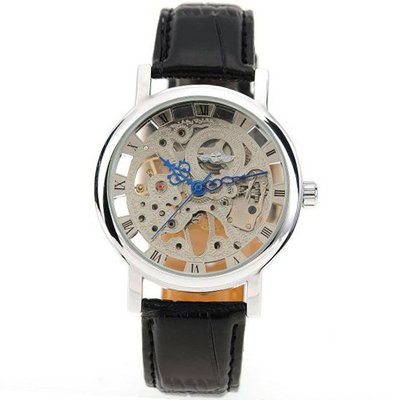 AMPM24 New Analogue Black Leather Hand Winding Mechanical Skeleton Wrist PMW003