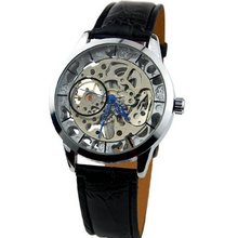 Fashion Elegant Hollow-out Dial Unisex Manual self-winding Mechanical Movement Analog Display Leather Strap WU8050 White Color