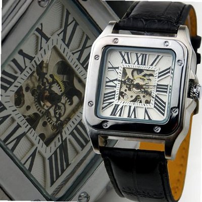 Fashion Retro Unisex Roman Number Design Classical Pointer Hollow-out Dial Analog Automatic Mechanical Leather Strap WY8034(White Color)