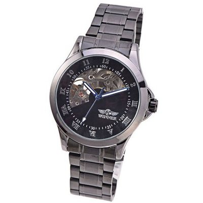 Mudder Class Steampunk Auto Mechanical Skeleton Black Stainless Steel Wrist