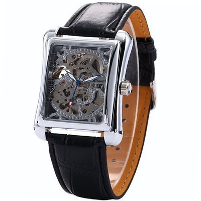 Skeleton Automatic Auto Mechanical Silver Case Black Leather Wrist PMW080