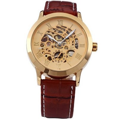 uWINNER AMPM24 Luxury Automatic Mechanical Brown Strap Gold Dial Skeleton Wrist PMW077 