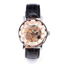 uWINNER Rose Gold Skeleton Black Leather Strap Mechanical Wrist + Gift Box US Stock 