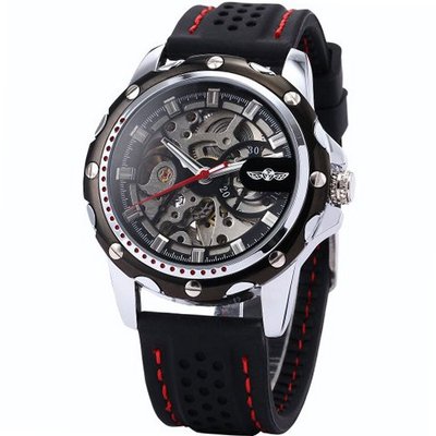 uWINNER Skeleton Automatic Mechanical Black Silicone Band Sport Wrist PMW081 