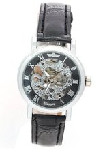 WINNER Black Dial Carved Design Leather Strap Skeleton Automatic Winding es